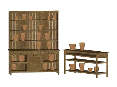 Tall Wooden Decorative Cabinet And Side Shelf Displaying Clay Pots 3d model