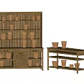 Tall Wooden Decorative Cabinet And Side Shelf Displaying Clay Pots
