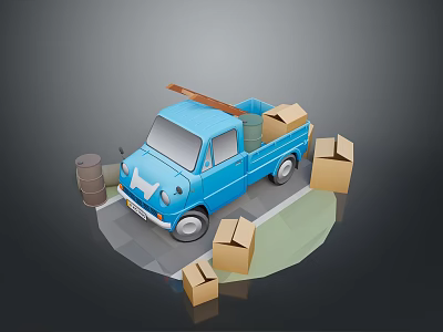 Small Blue Cargo Van With Boxes In Cargo Area Scattered Cardboard Boxes And Barrels Nearby 3d model