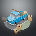 Small Blue Cargo Van With Boxes In Cargo Area Scattered Cardboard Boxes And Barrels Nearby