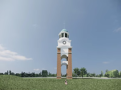 Scenic Clock Tower With White Top Green Dome And Red Brick Structure In Grass Field 3d model