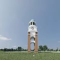 Scenic Clock Tower With White Top Green Dome And Red Brick Structure In Grass Field