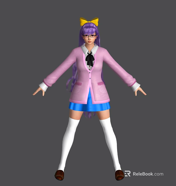 Game Movie Character With Purple Hair Glasses Pink Coat Blue Skirt White Stockings 3d model 
