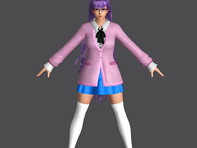 Game Movie Character With Purple Hair Glasses Pink Coat Blue Skirt White Stockings 3d model
