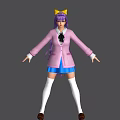 Game Movie Character With Purple Hair Glasses Pink Coat Blue Skirt White Stockings