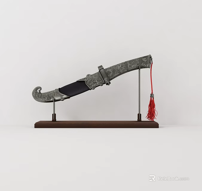 Decorative Ornament Set Featuring Carved Handle Knife Black Scabbard Wooden Stand And Red Tassel 3d model 