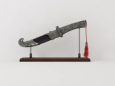 Decorative Ornament Set Featuring Carved Handle Knife Black Scabbard Wooden Stand And Red Tassel 3d model
