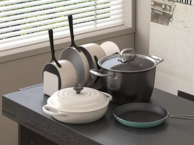 Assorted Kitchen Cookware With Covered Pots And Frying Pans On Black Countertop 3d model