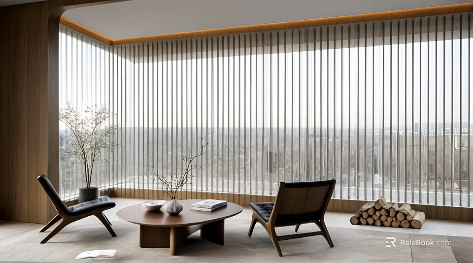 Modern Villa Balcony With Vertical Slat Windows Two Chairs Round Coffee Table And City View 3d model 