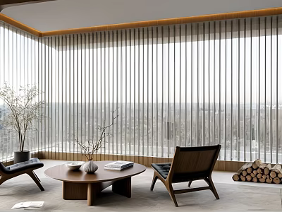 Modern Villa Balcony With Vertical Slat Windows Two Chairs Round Coffee Table And City View 3d model