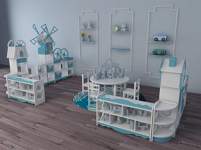 Kids Table With Blue And White Windmill Design Matching Chairs And Storage Shelves 3d model