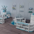Kids Table With Blue And White Windmill Design Matching Chairs And Storage Shelves