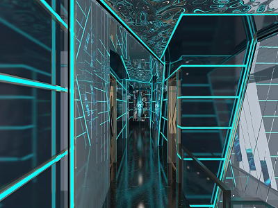Modern KTV Corridor with Blue Neon Lights Futuristic Patterns and Shiny Floor 3d model