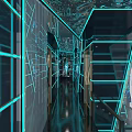 Modern KTV Corridor with Blue Neon Lights Futuristic Patterns and Shiny Floor
