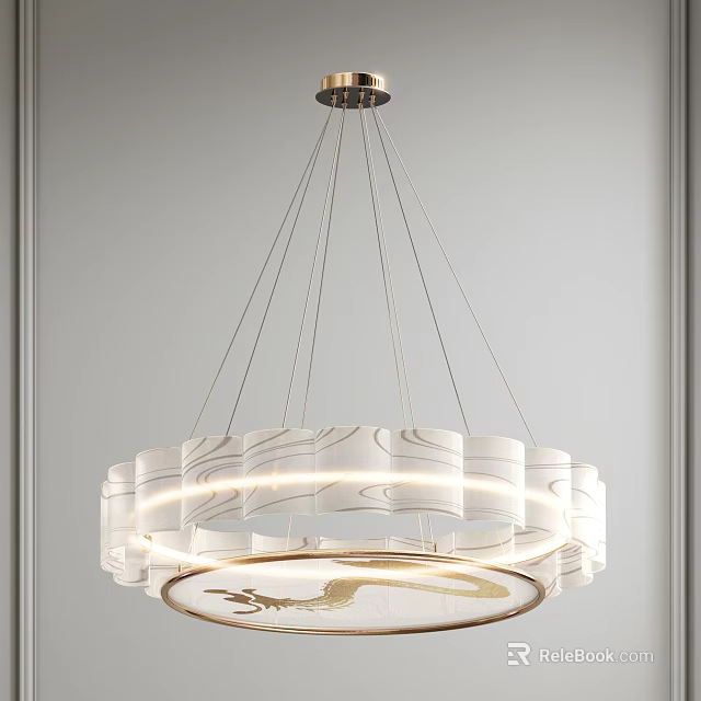 Modern White Chandelier With Wavy Texture And Golden Dragon Pattern Hanging By Metal Chains 3d model 