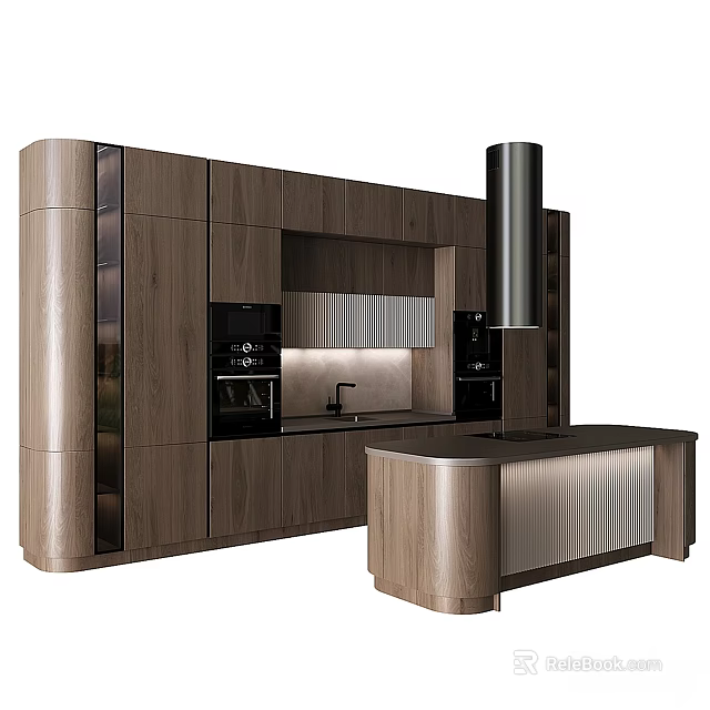 Modern Kitchen Interior Design With Wooden Cabinets Built in Ovens Island Counter And Range Hood 3d model 