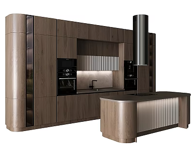 Modern Kitchen Interior Design With Wooden Cabinets Built in Ovens Island Counter And Range Hood 3d model