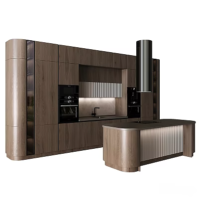 Modern Kitchen Interior Design With Wooden Cabinets Built in Ovens Island Counter And Range Hood 3d model