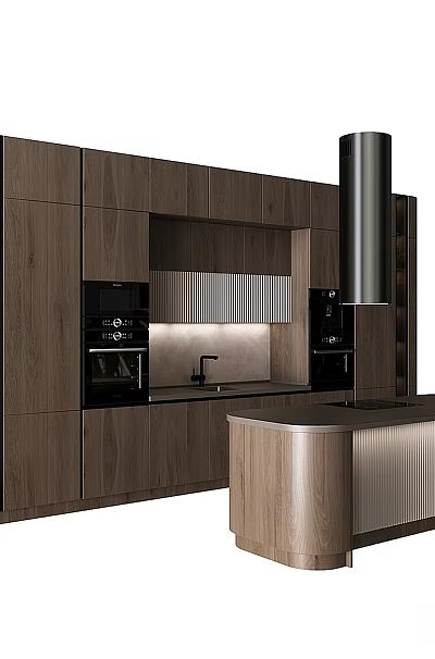 Modern Kitchen Interior Design With Wooden Cabinets Built in Ovens Island Counter And Range Hood 3d model