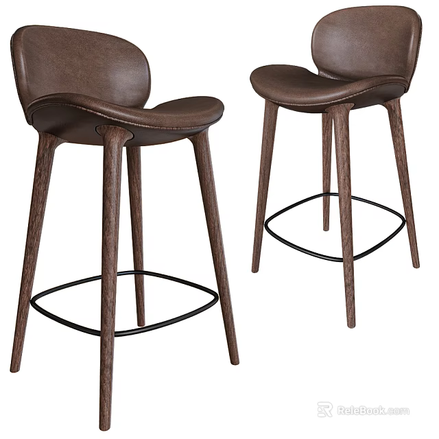 Modern Leather Upholstered Bar Stools With Wooden Legs And Metal Footrest Design 3d model 