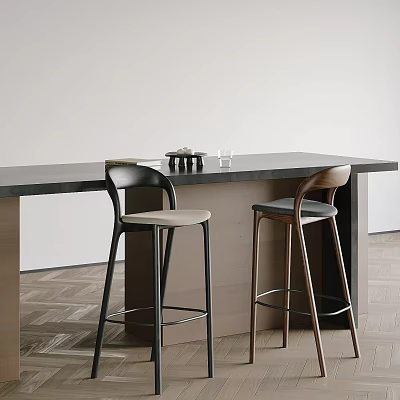 Modern Minimalist Bar Stools With Light Seats At Wooden Bar Counter In Interior Space 3d model