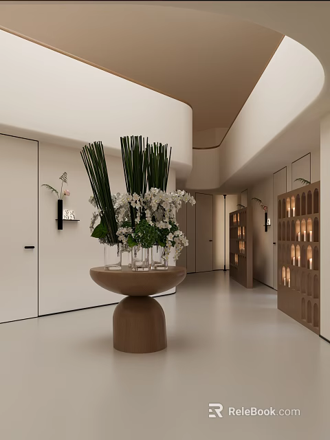 Modern Minimalist Clubhouse Lobby With Floral Arrangement And Display Shelves 3d model 