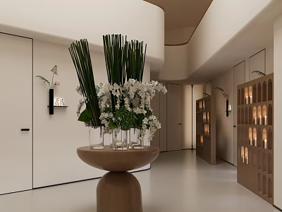 Modern Minimalist Clubhouse Lobby With Floral Arrangement And Display Shelves 3d model