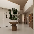 Modern Minimalist Clubhouse Lobby With Floral Arrangement And Display Shelves