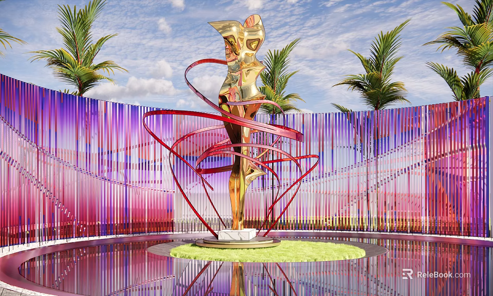 Golden Human Shaped Sculpture Featuring Red Spiral Structures Palm Trees And Colorful Vertical Striped Wall 3d model 