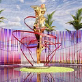 Golden Human Shaped Sculpture Featuring Red Spiral Structures Palm Trees And Colorful Vertical Striped Wall