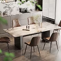 Modern Dining Space With Marble Table And Brown Leather Chairs 3d model