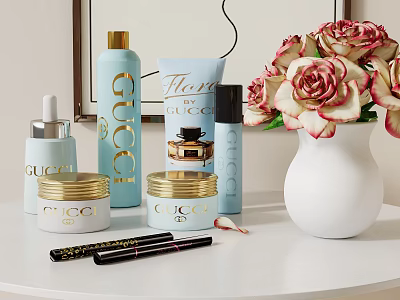 Gucci Perfume And Cosmetics Collection With Roses In White Vase On Table 3d model