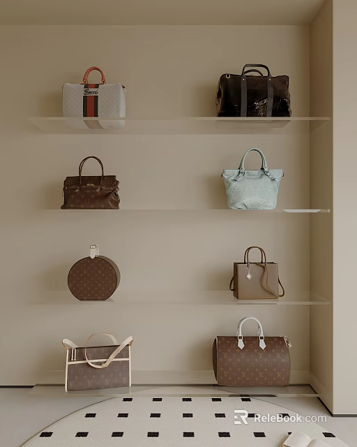 Stylish Designer Handbags Display on Light Colored Shelves with Various Styles and Colors 3d model 