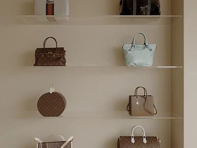 Stylish Designer Handbags Display on Light Colored Shelves with Various Styles and Colors 3d model
