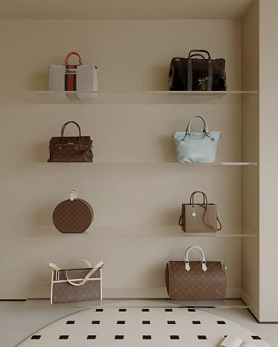 Stylish Designer Handbags Display on Light Colored Shelves with Various Styles and Colors 3d model