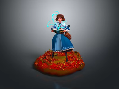 Witch In Blue Dress Holding Book With Glowing Magic And Forest Creature On Autumn Leaves 3d model