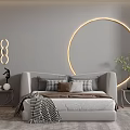 Modern Bedroom Interior Design With Grey Bed Circular Decorative Light Nightstands And Green Plant