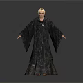 Man in Long Black Robe with Blonde Hair Standing on White Background