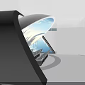 Futuristic Cityscape Display Venue With Curved Screen Black Seats Green Plants And Water