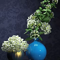 Blue Gold Vases with White Flowers Against Dark Patterned Wall 3d model