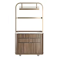 Modern Wooden Cabinet Units With Brass Metal Shelves And White Stone Countertop