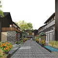 Traditional Style Commercial Street With Stone Paved Path Green Plants And Pedestrians