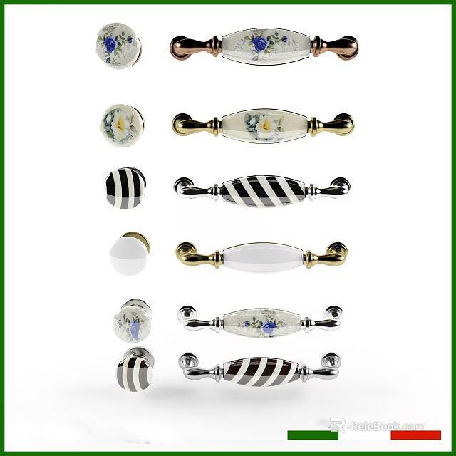 Stylish Cabinet Handles With Floral Patterns Striped Designs Ceramic Metal Materials For Furniture Doors Drawers 3d model 