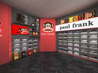 Paul Frank Brand Store With Shoes On Display Shelves And Logo Posters 3d model