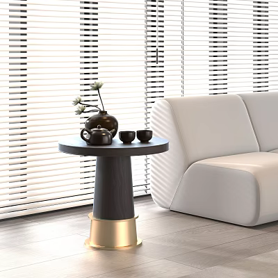 Modern Black And Gold Side Table With Vase Teapot And Cups By White Sofa 3d model