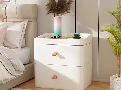 Modern White Bedside Table With Drawers And Vase Cup In Bedroom Interior 3d model