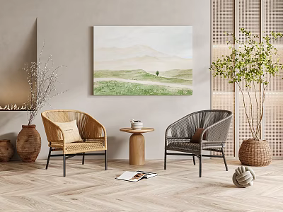 Natural Style Indoor Seating With Beige And Gray Wicker Chairs And Small Round Wooden Table 3d model