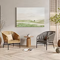 Natural Style Indoor Seating With Beige And Gray Wicker Chairs And Small Round Wooden Table