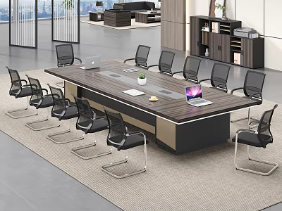 Modern Office Conference Table With Black Mesh Chairs Laptop And Plant On Top 3d model