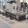 Modern Office Conference Table With Black Mesh Chairs Laptop And Plant On Top